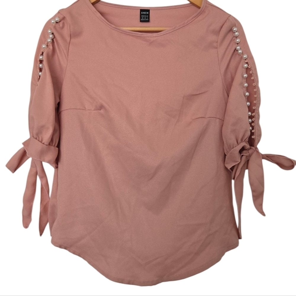 SHEIN Blush Pink Blouse with Pearl Sleeve Detail Size XSmall